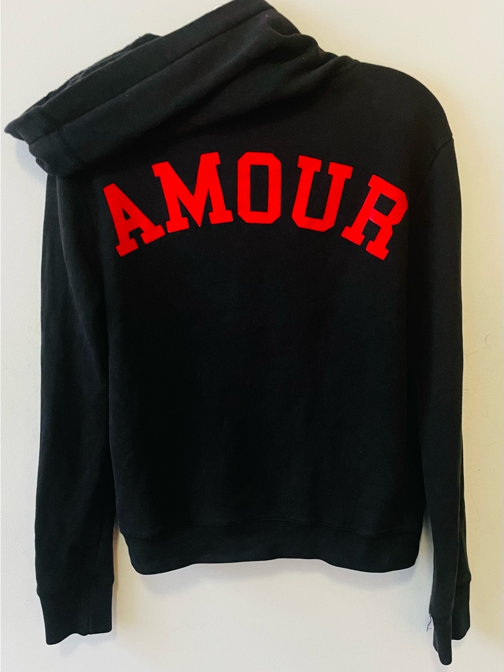 Zadig & Voltaire Black Zip Hoodie with Red AMOUR Lettering on Back